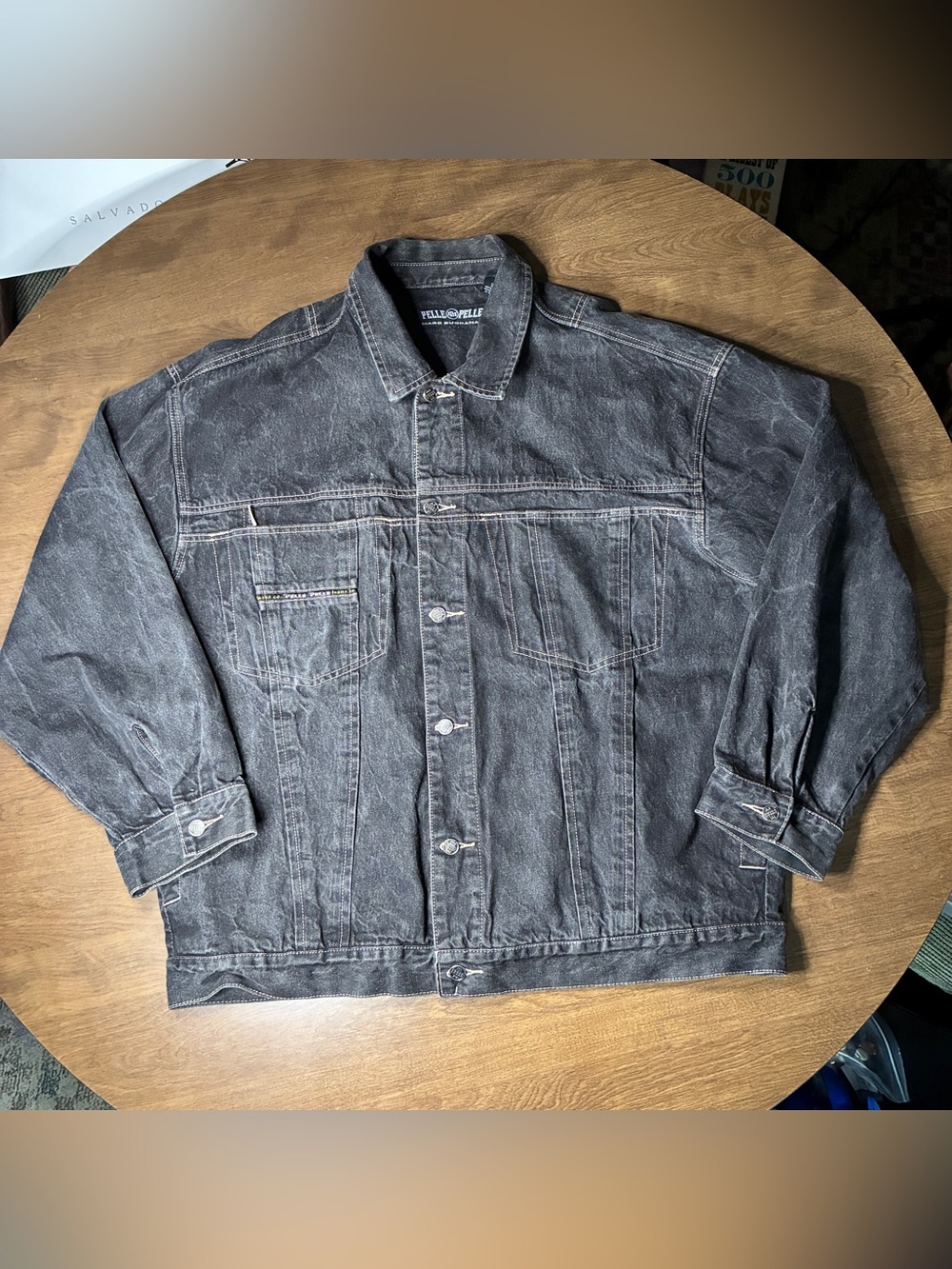 Pelle Pelle Marc Buchanan Denim Jacket XL Black Hip Hop Y2K Jean Coat Vintage